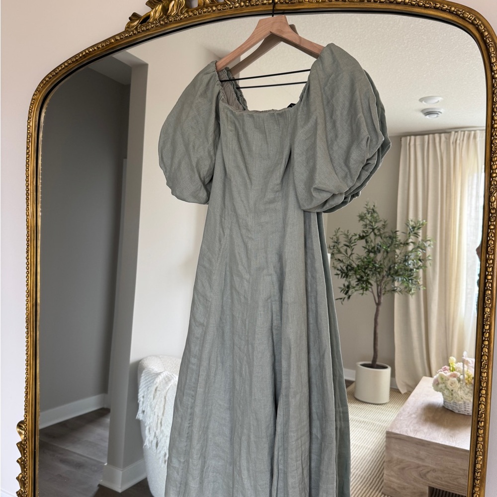 Mango Puff Sleeve Midi Dress in Green